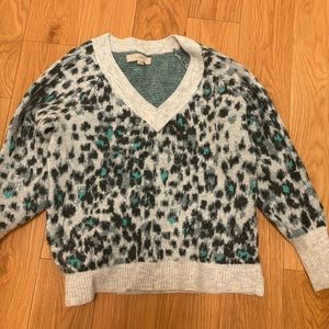 Loft grey and teal soft v-neck leopard print sweater